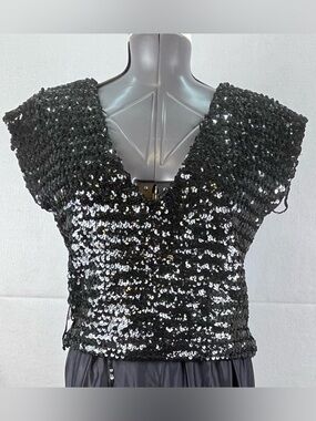 Vintage 1960's Blouse Top Shirt Mod Black Sequins Sleeveless Sz. Large